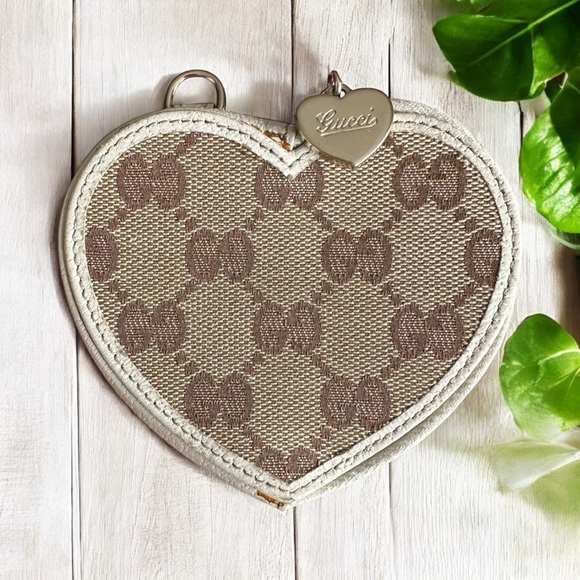 GUCCI Tan GG Monogram Canvas & White Brown Leather Heart Coin Pouch Case - Picture 1 of 12